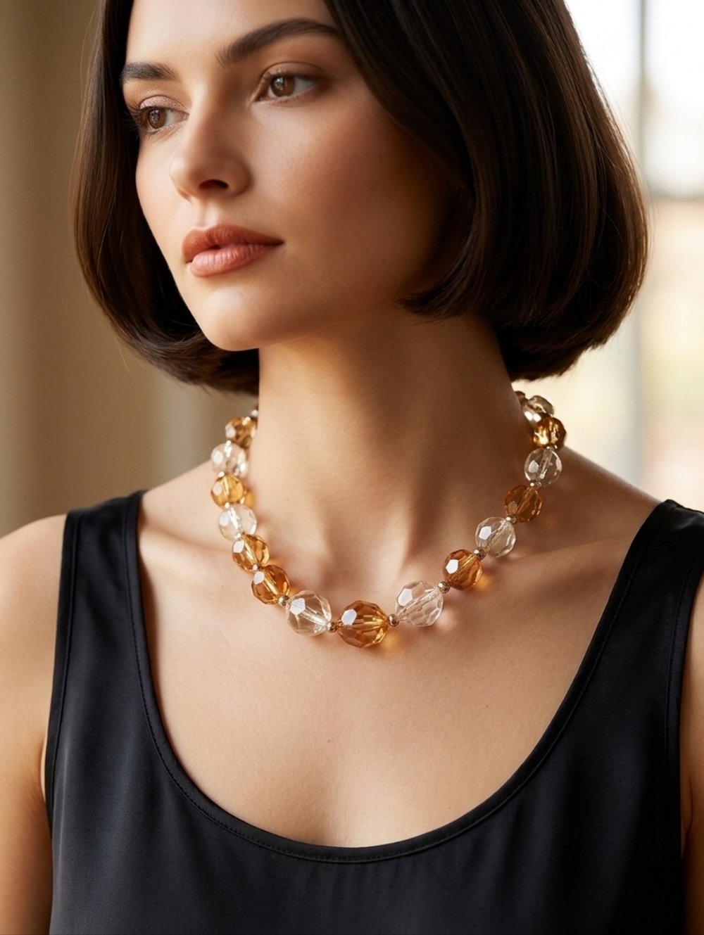 Handmade Clear & Amber Crystal Beaded Necklace  15 Inch Long EUC